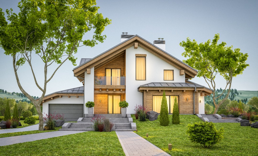 Modern two-story house with large windows, wooden accents, and manicured lawn surrounded by trees and bushes.