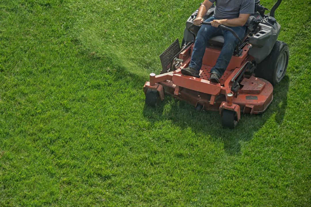 Man mowing thick green grass with a commercial riding mower, spraying clippings out the side during lawn maintenance.