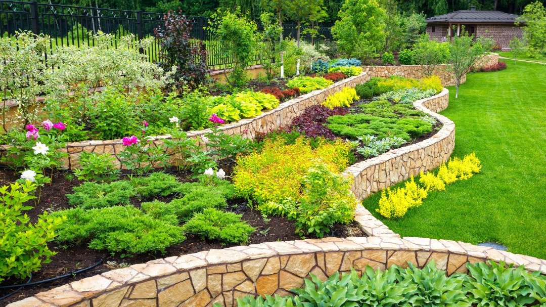 Tiered stone garden beds filled with vibrant shrubs and flowers, bordered by lush grass and surrounded by tall greenery.